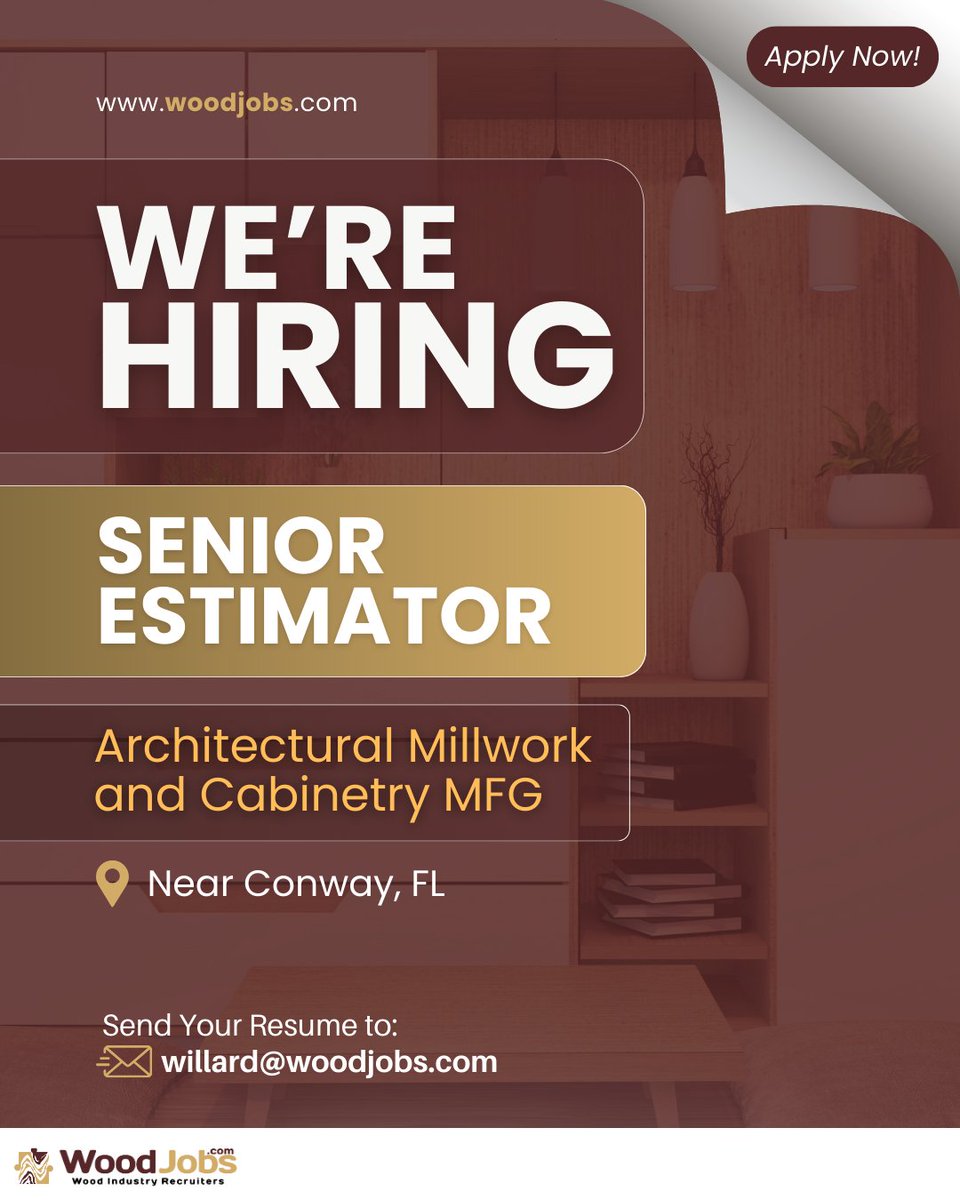 WoodJOBS's tweet image. Hiring: Sr. Estimator – Architectural Millwork &amp;amp; Cabinetry MFG in Conway, FL! Top projects, top efficiencies. Email resume to willard@woodjobs.com
#WoodJobs #SeniorEstimator #FloridaJobs #JoinOurTeam