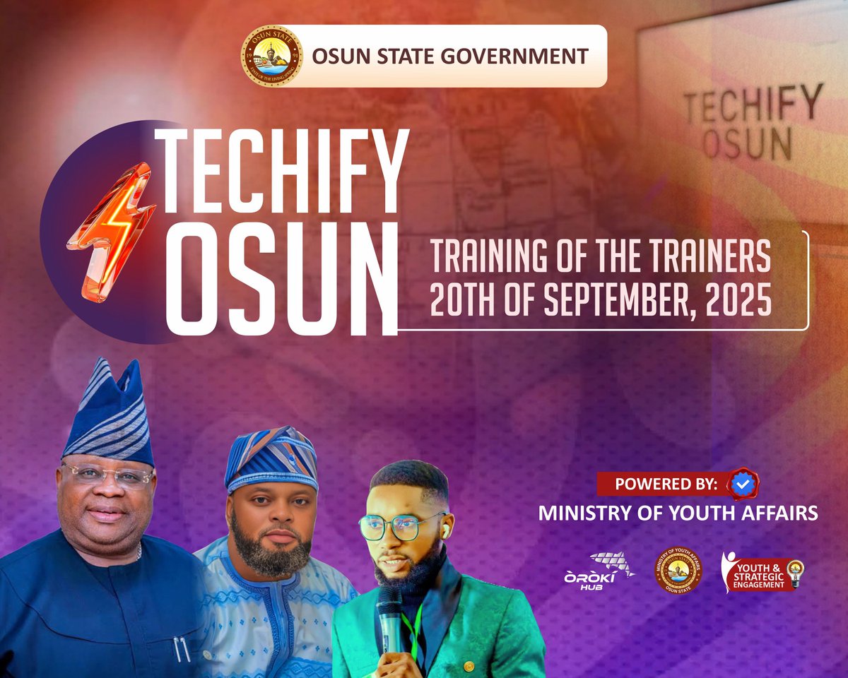 Babawale Jamiu Popoola (@babawalepopoola) on Twitter photo 🚀 TECHIFY OSUN is here!
Our Training of Trainers (ToT) kicks off this Saturday!
🗓️ Sept 19, 2025 | 🕘 9AM
💡 Preparing trainers ahead of the pilot phase.
#TechifyOsun #DigitalInclusion #OsunYouth
<a href="/AAdeleke_01/">Gov Ademola Adeleke</a> <a href="/iwogoke/">Olawale Rasheed (MOR)</a> <a href="/InsideOsogbo/">Inside Òṣogbo</a> <a href="/medayese_/">Medayese 🇳🇬 Duke of Ijesa</a> <a href="/ImoleYouths/">Osun State Ministry of Youth Affairs</a> <a href="/MrBanksOmishore/">Banks Omishore</a> 🚀 TECHIFY OSUN is here!
Our Training of Trainers (ToT) kicks off this Saturday!
🗓️ Sept 19, 2025 | 🕘 9AM
💡 Preparing trainers ahead of the pilot phase.
#TechifyOsun #DigitalInclusion #OsunYouth
<a href="/AAdeleke_01/">Gov Ademola Adeleke</a> <a href="/iwogoke/">Olawale Rasheed (MOR)</a> <a href="/InsideOsogbo/">Inside Òṣogbo</a> <a href="/medayese_/">Medayese 🇳🇬 Duke of Ijesa</a> <a href="/ImoleYouths/">Osun State Ministry of Youth Affairs</a> <a href="/MrBanksOmishore/">Banks Omishore</a>