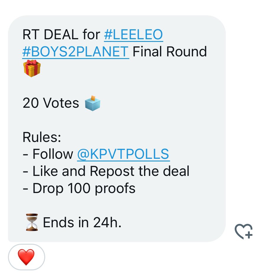 kimtaejeonn's tweet photo. RT DEAL for #LEELEO #BOYS2PLANET Final Round 🎁
20 Votes 🗳️
Rules:
- Follow @KPVTPOLLS
- Like and Repost the deal
- Drop 100 proofs
⏳Ends in 24h. https://t.co/bQGKziTnie