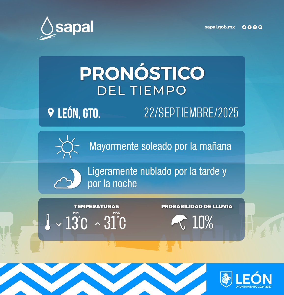 #Clima☀️ Pronóstico del tiempo del 22 de septiembre. Se espera un día mayormente soleado por la mañana, ligeramente nublado por la tarde y por la noche🌙. Consúltalo en tiempo real en el siguiente enlace: bit.ly/49vhZ9