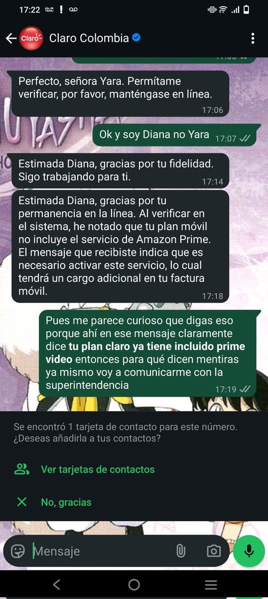 Amafle's tweet photo. Llegó este mensaje a mi WhatsApp desde @ClaroColombia cómo tengo #AmazonPrime como servicio adicional en mi plan les pregunto sobre qué hago para activar la oferta y me salen con esta respuesta entonces no entiendo mi plan incluye o no #AmazonPrime o es publicidad engañosa https://t.co/yqdn6MldpW