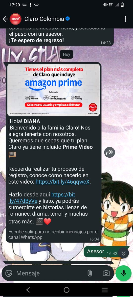 Amafle's tweet photo. Llegó este mensaje a mi WhatsApp desde @ClaroColombia cómo tengo #AmazonPrime como servicio adicional en mi plan les pregunto sobre qué hago para activar la oferta y me salen con esta respuesta entonces no entiendo mi plan incluye o no #AmazonPrime o es publicidad engañosa https://t.co/yqdn6MldpW