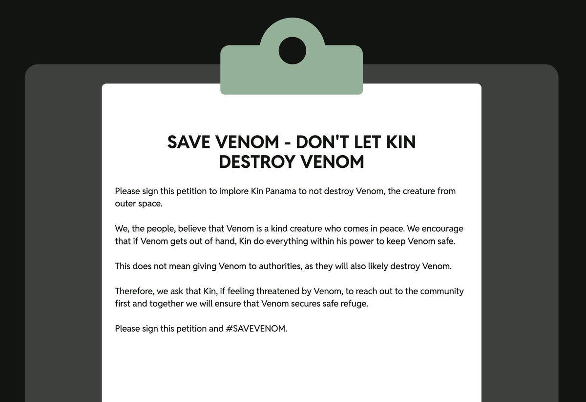 PLEASE SIGN THE PETITION TO ENSURE THE SAFE RUFUGE OF VENOM, THE PANAMA SPACE ALIEN.

LIKE/SHARE. ❤️

SIGN HERE:
bopetition.com/petitions/3uij…