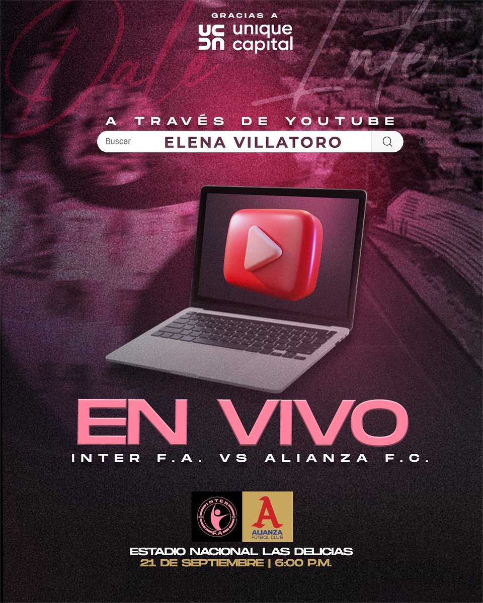 📺 ¡Vívelo en vivo! 🔴

Este 21 de septiembre, el Inter F.A. recibe a Alianza F.C. en el Estadio Nacional Las Delicias. 🏟️⚽

No te pierdas la transmisión EN VIVO a través de YouTube.

🔍 Busca: Elena Villatoro y apóyanos desde donde estés.
⏰ 6:00 PM
🔥 ¡Vamos con todo, Inter!