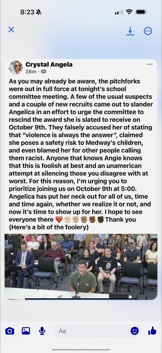 🚨 Update on the Angelica Crosby controversy in Medway, MA:

Last night (Sept 18, 2025), the Medway School Committee held a meeting where concerned residents spoke out against honoring Angelica Crosby with a memorial plaque to be displayed in Memorial School.

Critics highlighted