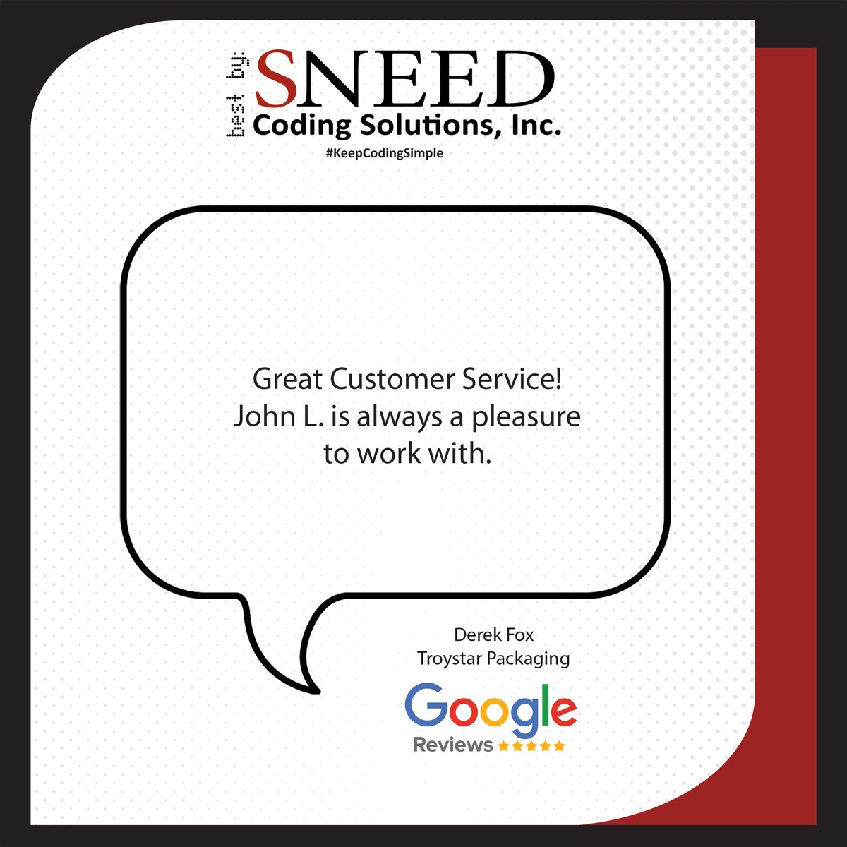 SneedCoding's tweet image. Big thanks to Derek Fox at Troystar Packaging for the kind words! Service matters, and John L. always makes it happen. 👇Share your experience by leaving us a Google review!!📩
hubs.ly/Q03J5Dr20
#CustomerFeedbackMatters #CustomerServiceMatters #TSFoodPackaging