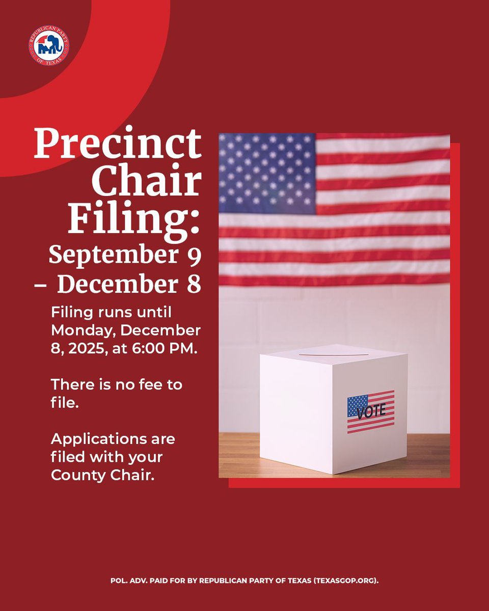 Filing for Republican Precinct Chair is now open! 🗳️

📅 Filing began September 9, 2025, and runs until Monday, December 8, 2025, at 6:00 PM.
✅ There is no fee to file.
📍 Applications are filed with your County Chair.

Interested in serving your community and strengthening the