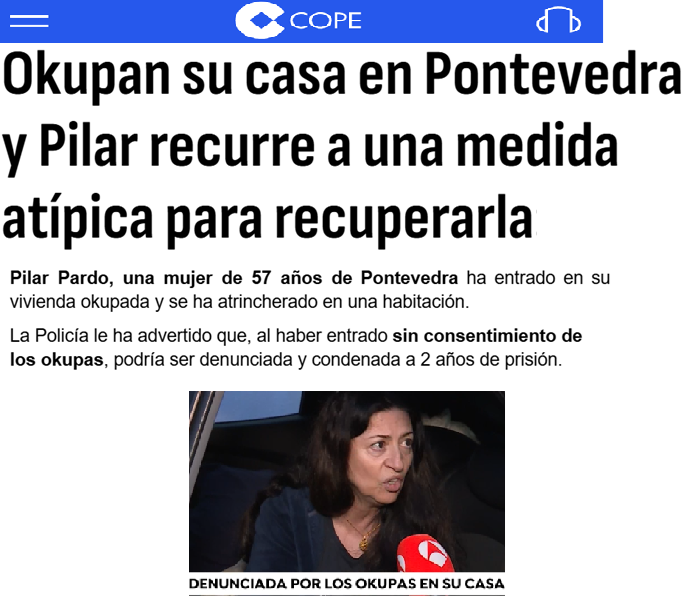 Pilar consigue entrar en su casa okupada

Llega enseguida la policía

Los agentes advierten a Pilar q ha entrado en la casa sin permiso de los okupas y le pueden caer 2 años de cárcel

A los okupas les permiten seguir en la casa con gastos pagados por Pilar

La España de Sánchez