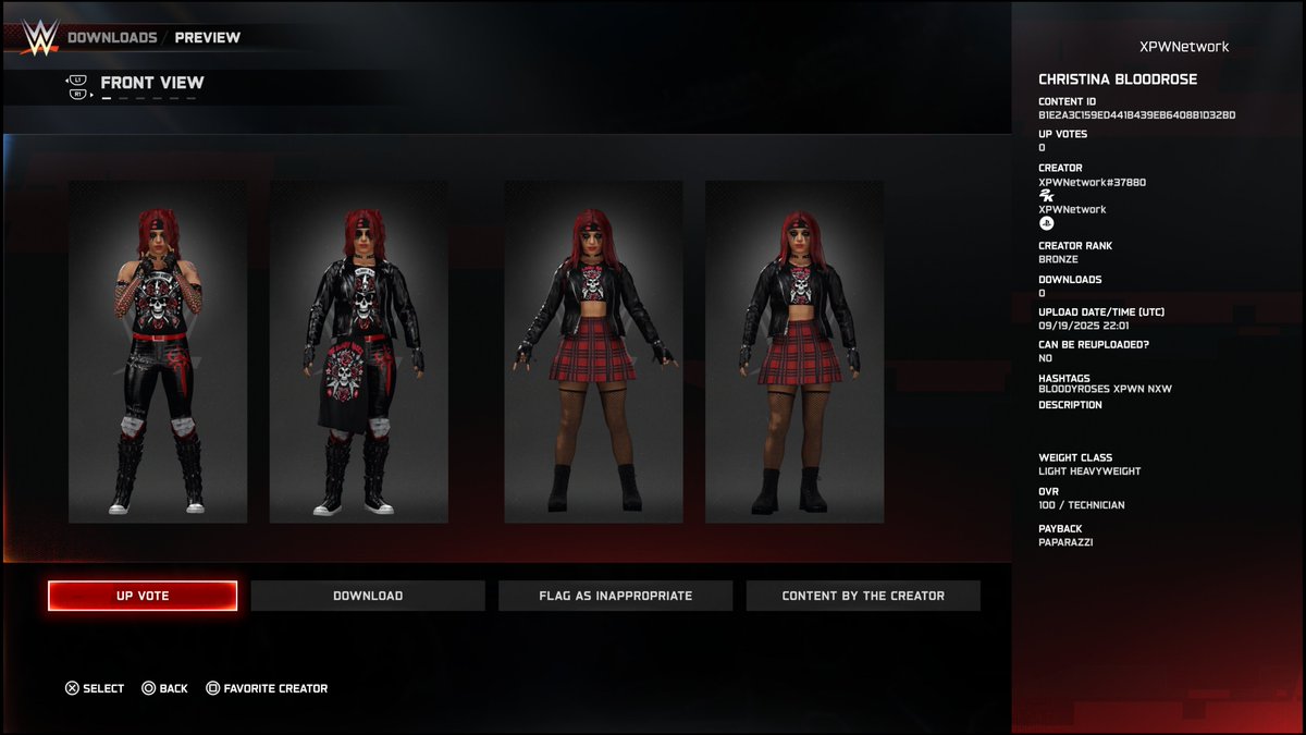 The Lead Singer of the Bloody Roses and former 3x NXW Women's World Champion Christina Bloodrose is now available on CC for any fed out there to use. 1 Wrestling Attire and 1 Street Attire.