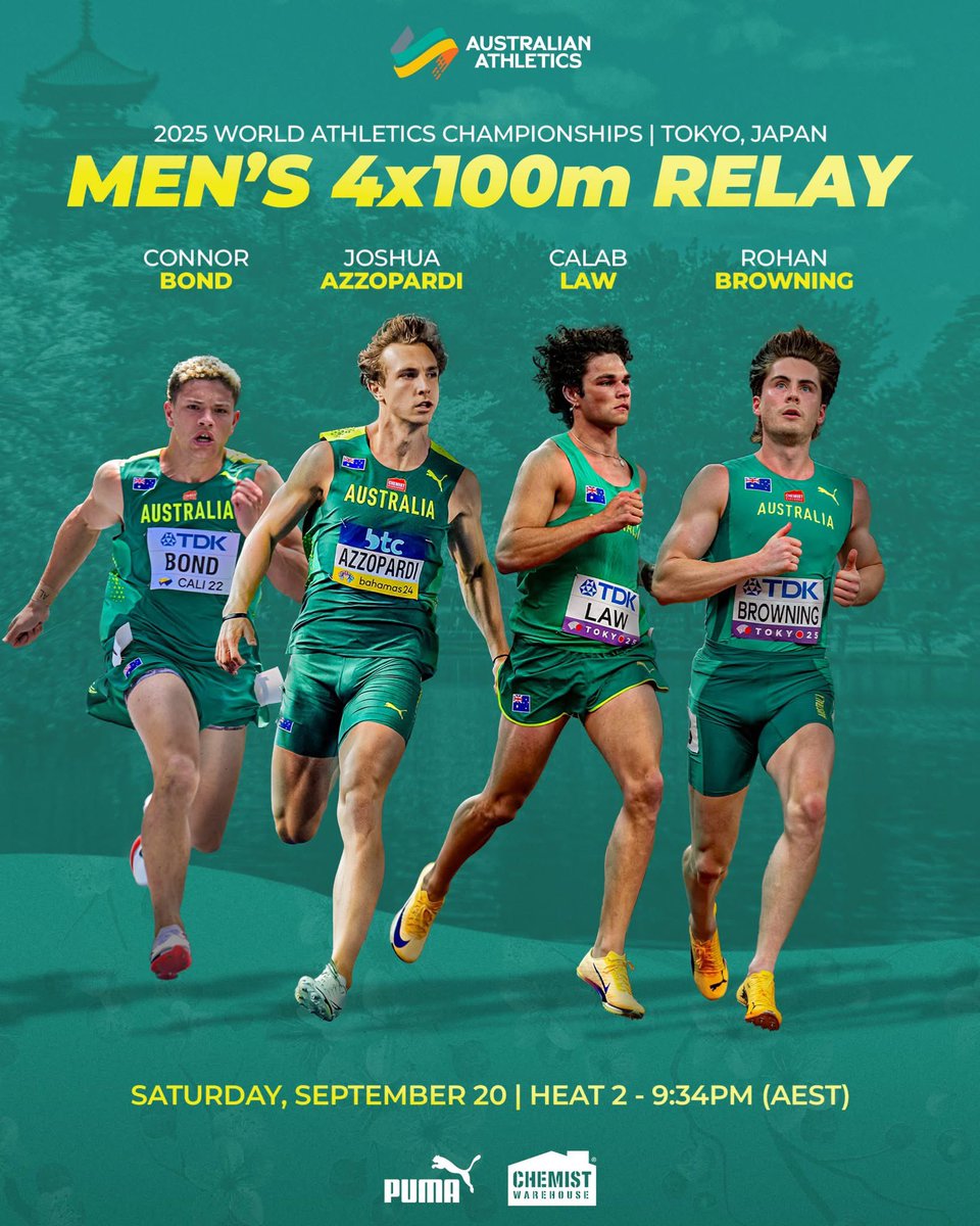 AustralianAths's tweet photo. Team Australia -  let's get it.💪💚💛🌸

A massive night of relays is set to light up Tokyo, with Australia to contest both 4x400m and 4x100m races. Green &amp; Gold, time to be bold! https://t.co/yVud35vypw