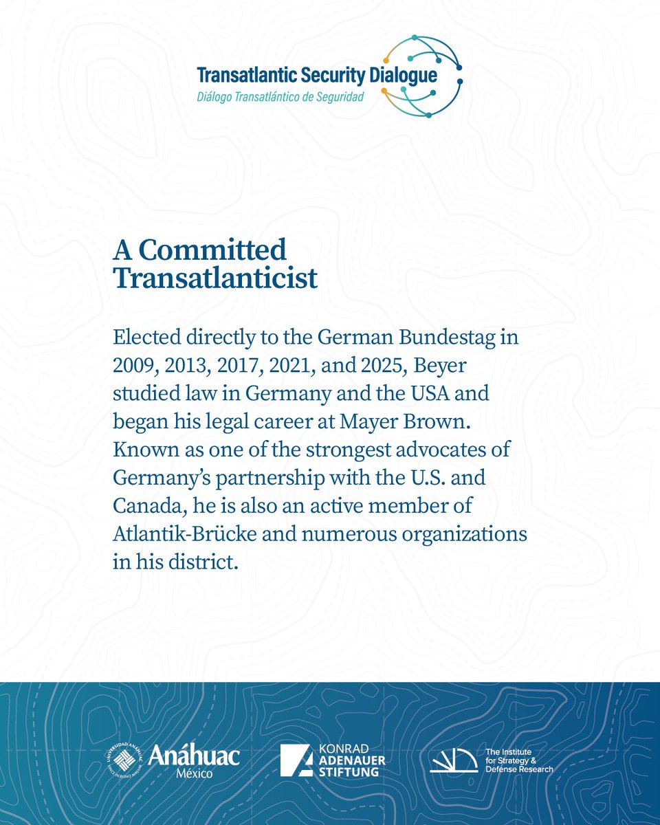 kasmexiko's tweet image. ¿Quién es Peter Beyer y por qué es clave en el #TSD2025?

Miembro del Bundestag y voz central en la política exterior alemana, participará este 30.09 en la mesa: México, España y Alemania: ¿Un eje de cooperación?

Universidad Anáhuac
⏰10:00 a 11:15 h
#KAS4Security @InstituteSDR