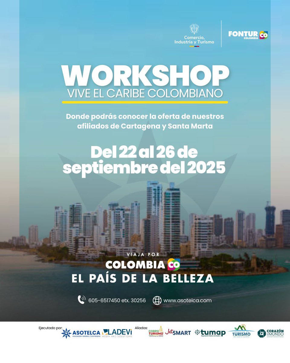 ASOTELCA-Asociación Hotelera Colombiana lanza su Caravana Nacional de Promoción Turística🌟

Estaremos llevando el Caribe Colombiano al interior del país, estaremos desde el 22 al 26 de septiembre en las ciudades Bucaramanga, Cali, Pereira, Bogotá y Medellín✨