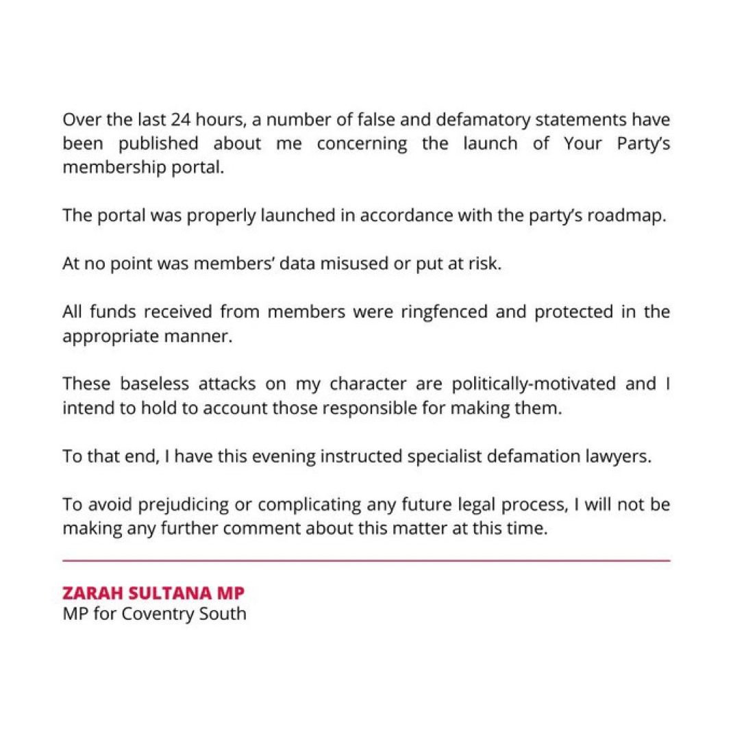 PolitlcsUK's tweet photo. 🚨 NEW: Zarah Sultana says she has now hired defamation lawyers https://t.co/vuxqHFTOSf