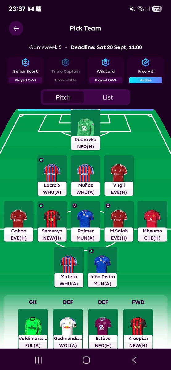CFCGeorgeK's tweet photo. It's late at night and I decided to go aggressive and FREE HIT!!!😁

My Free Hit Team for GW5 is LOCKED IN! 🔒 

Thoughts??!!🤔 @FPLMate @LetsTalk_FPL @FPLFocal @FPL_Harry @RegretFpl @FPL__Raptor 

#FPL #FPLCommunity https://t.co/D9xljYI3Gr
