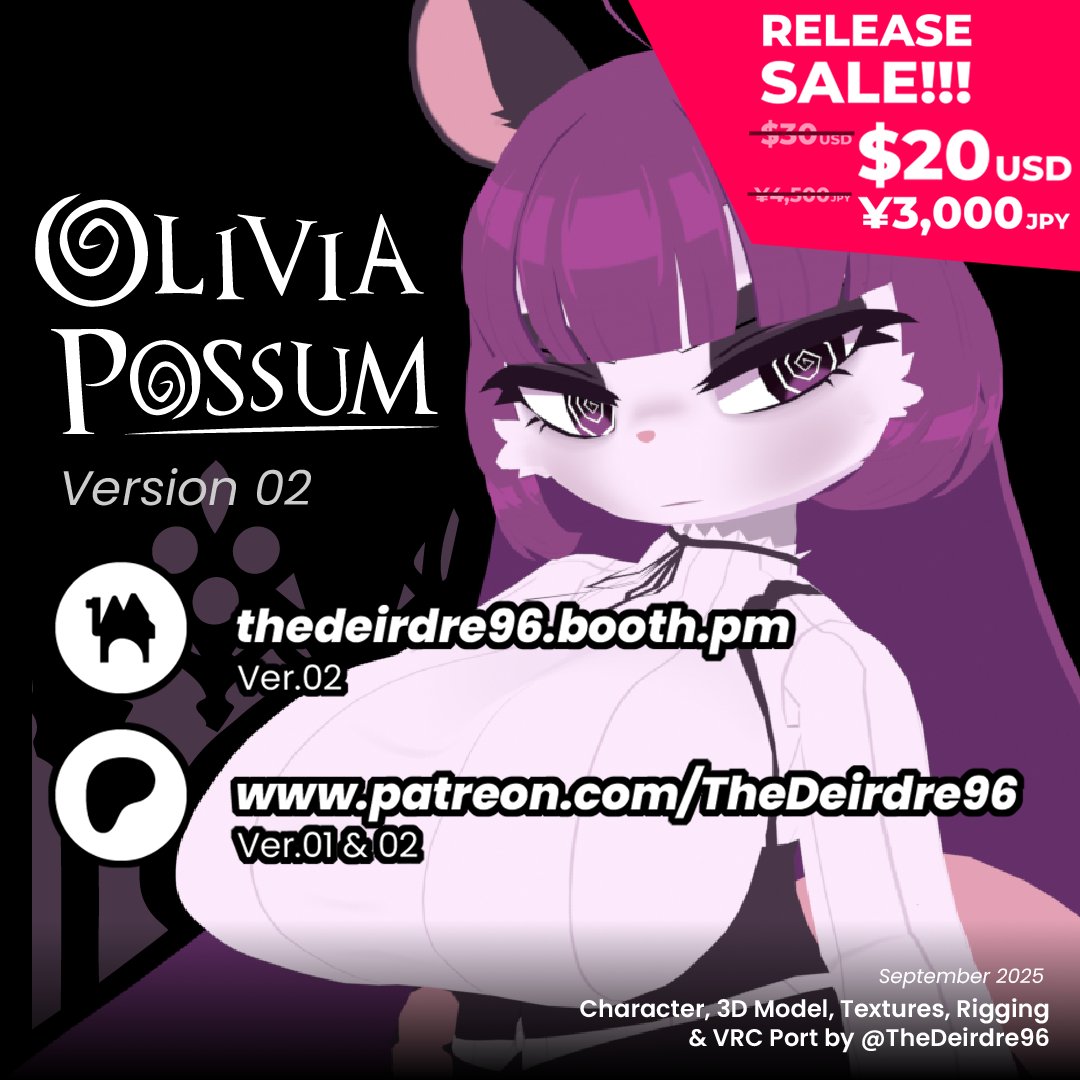 Hewwo everyone!
I'm glad to announce that Olivia Possum ver.02 is now available on Patreon and Booth!

There's a RELEASE SALE until September 30

Trailer vid: youtu.be/16qj59DOEYA

thedeirdre96.booth.pm/items/7444496

patreon.com/posts/vrc-avat…