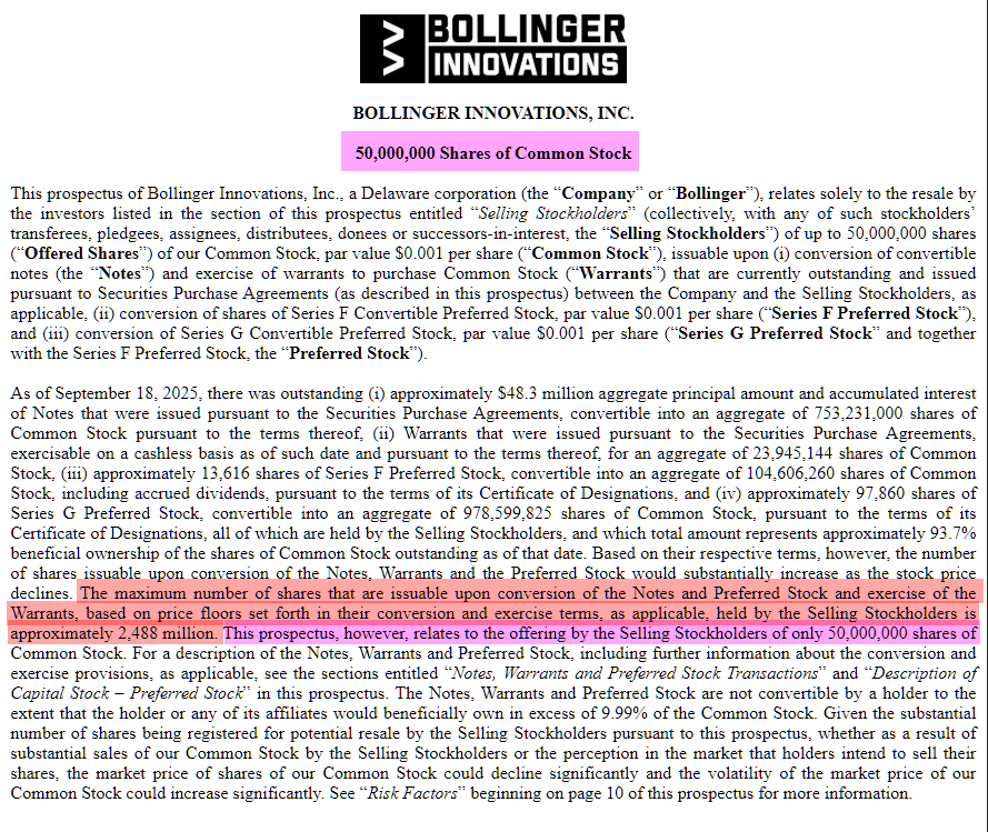 New $BINI $MULN S-1 registering 50M shares (on top of the hundreds of millions previously registered this year alone), which only covers TWO PERCENT of the nearly 2.5 BILLION shares that Bollinger will still owe to cover all its convertible notes, warrants, and preferred shares.