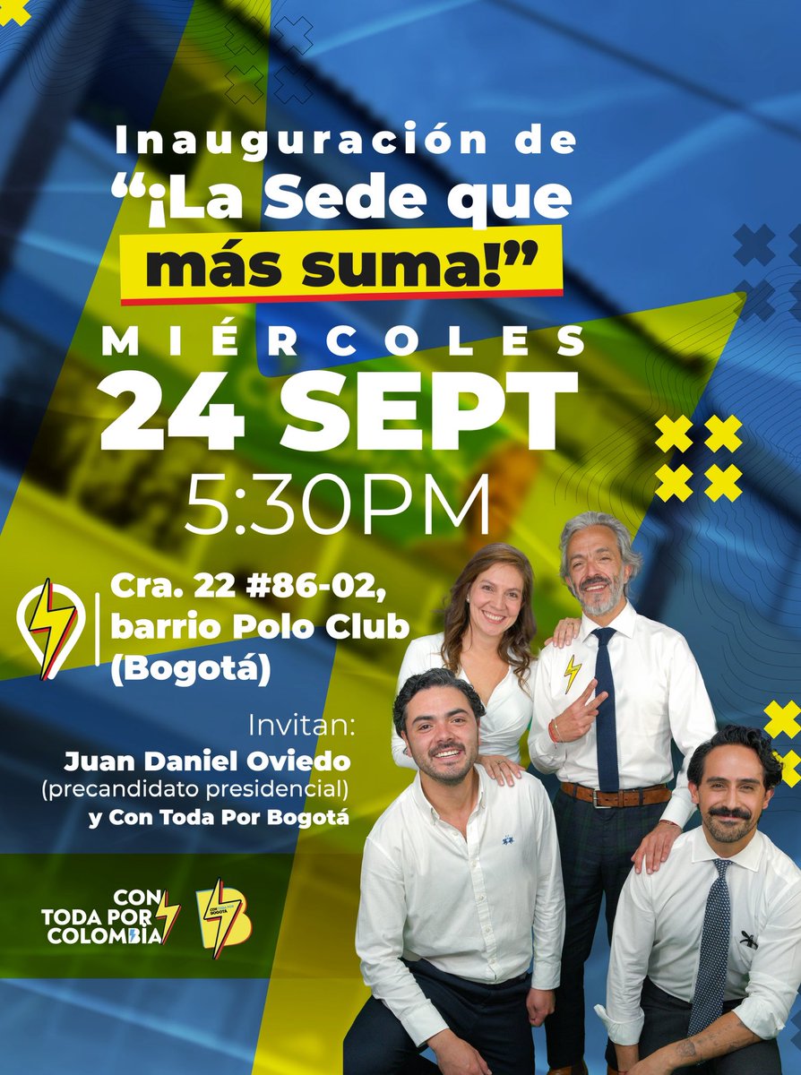 ⚡️💛💙❤️ ¡La sede que más SUMA ya es una realidad! 💛❤️⚡️

Te invitamos a la inauguración de nuestra Sede: un espacio para sumar fuerzas, ideas y sueños por una mejor Colombia y una mejor Bogotá. 🇨🇴⚡️

🗓️ miércoles 24 de septiembre
⏰5:30PM
📍 Cra. 22 #86-02, Bogotá

¡Nos vemos!