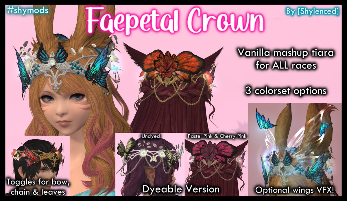 Shylenced (shy.etheirys.social π¦βοΈ) (@shy_xiv) on Twitter photo I made a new vanilla mashup! Faepetal Crown is out now for all races π Includes 3 colorsets, model toggles for the bow, chains and leaves, and optional butterfly/wing VFX!
Download links in the replies β¬οΈ
#ffxivmods #vanillacreatives
Feel free to tag #shymods for gposes! I made a new vanilla mashup! Faepetal Crown is out now for all races π Includes 3 colorsets, model toggles for the bow, chains and leaves, and optional butterfly/wing VFX!
Download links in the replies β¬οΈ
#ffxivmods #vanillacreatives
Feel free to tag #shymods for gposes!
