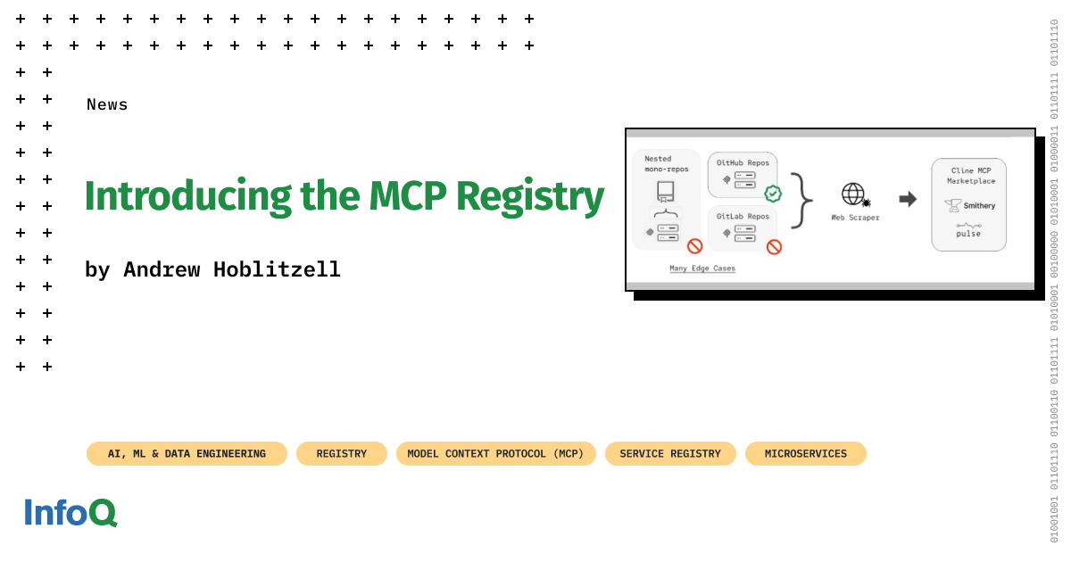 InfoQ's tweet image. Introducing the MCP Registry!

The Model Context Protocol (MCP) ecosystem just got better - with a public registry for server discovery and a secure gateway for agent interactions.

🔗 Learn more: bit.ly/4gs6ljw

#AI #MCP #ModelContextProtocol #ServiceRegistry