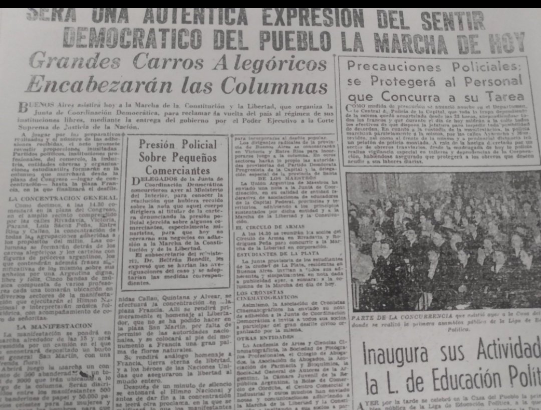 La primera gran manifestación antiperonista fue antes del 17 de octubre, el 19 de setiembre de 1945. Se la llamó "Marcha por la Constitución y la Libertad". Clarín hablaba de "auténtica expresión del sentir democrático". La posesión de lo democrático y lo constitucional, 80 años