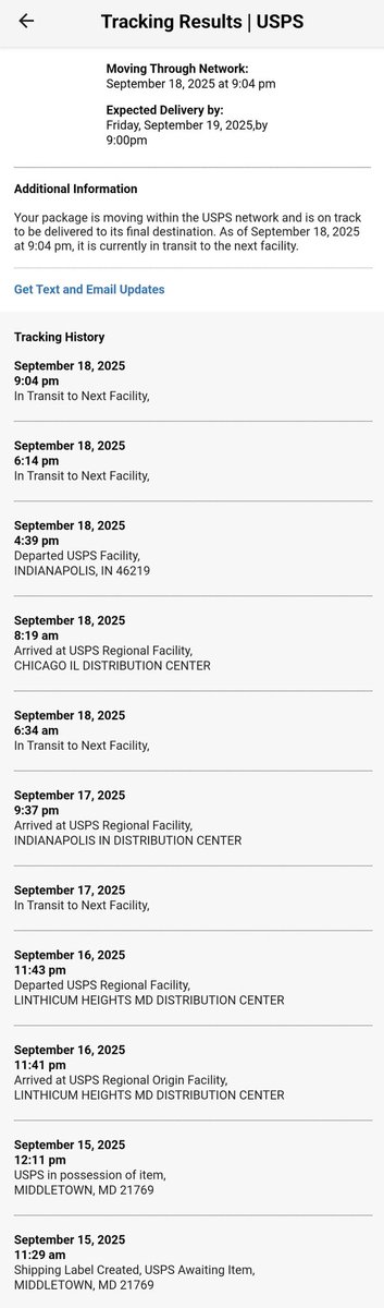 DaLadiesChamp's tweet photo. @USPSHelp I see the USPS is back to it not so old habits. Pls explain as this in now the 3rd time in 2wks. It arrived in Chicago the 18th and was on time until y'all moved it to Indianapolis later that night https://t.co/zAbvkQg46n