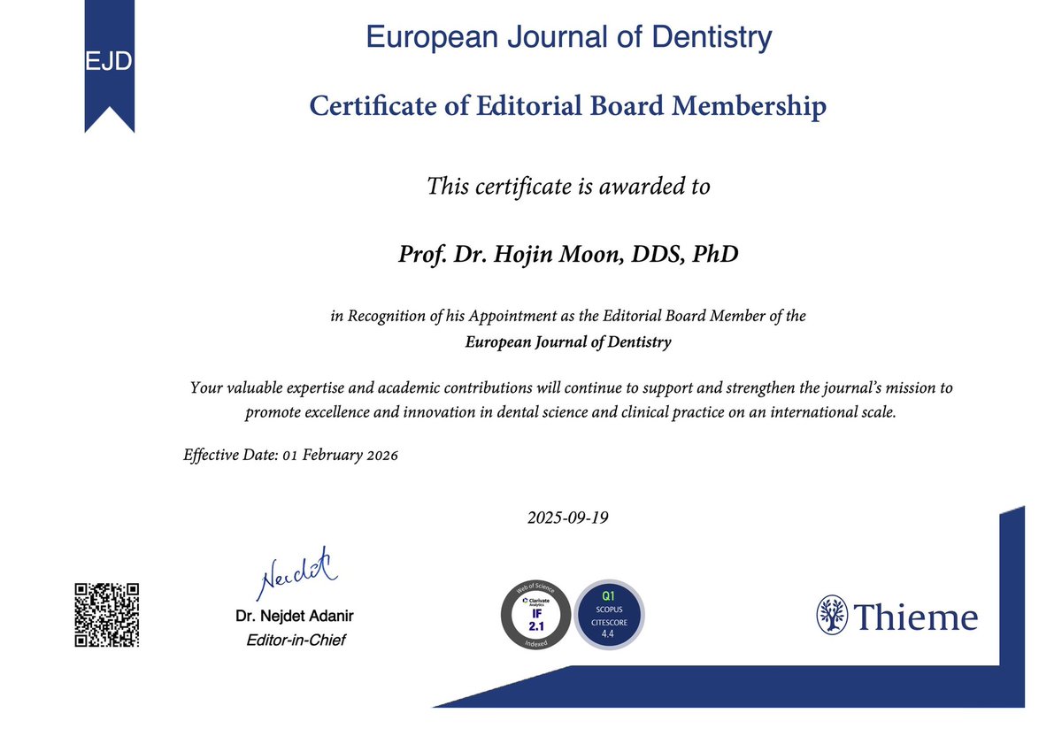 단국대학교 치과대학 문호진 교수가 「유럽치의학회지(European Journal of Dentistry)」 편집위원으로 위촉되었습니다. 국제 치과학 연구와 임상 발전에 기여할 수 있도록 최선을 다하겠습니다.

Prof. Hojin Moon, from Dankook University School of Dentistry, has been appointed as an Editorial