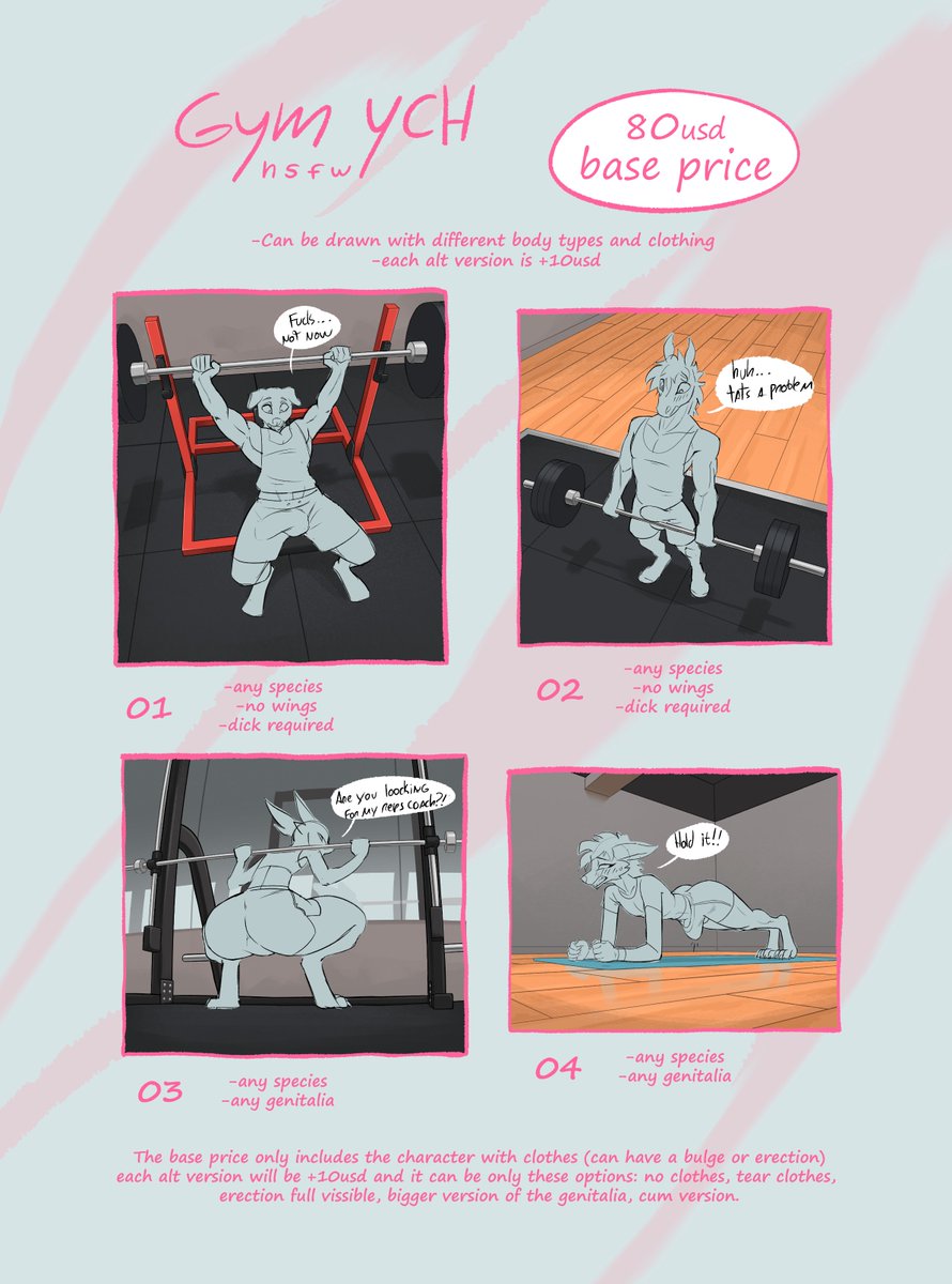 Here we have the gym YCH! i did 4 different poses with alts versions. and i will be taking a maximum of 5 YCH for each pose, there will be a waitlist!!!  If you are interested, please contact me on Discord, Telegram or X.