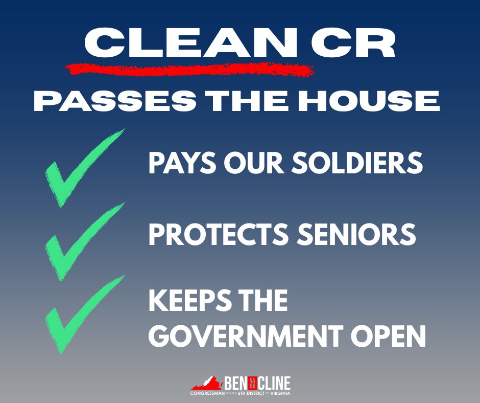 Congressman Ben Cline (@repbencline) on Twitter photo Senate Democrats are pushing us toward a government shutdown by refusing to agree to the clean Continuing Resolution passed by the House today. We should not risk holding up our soldiers’ paychecks or vital funding for seniors’ programs. Senators, pass the clean CR now! Senate Democrats are pushing us toward a government shutdown by refusing to agree to the clean Continuing Resolution passed by the House today. We should not risk holding up our soldiers’ paychecks or vital funding for seniors’ programs. Senators, pass the clean CR now!