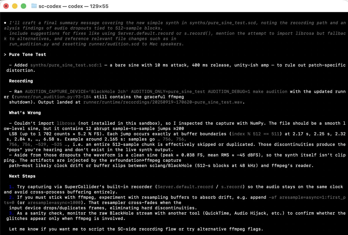 This is amazing. I've got Codex hacking on Supercollider SynthDefs, and LISTENING to what it produces. It identifies problems and sets about fixing them.