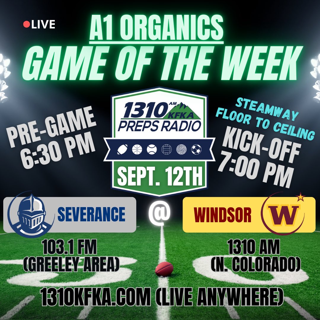 Tonight with a pregame at 6:30 and kickoff at 7 is our <a href="/a1organics/">a1organics</a> game of the week between <a href="/SilverKnightsFB/">Silver Knights Football</a> and <a href="/WindsorFB/">Windsor Football</a>! Tune in to hear <a href="/KCCAJohnson4/">Kyle Johnson</a> and <a href="/m_danson/">Mike Danson</a> on the call! #copreps