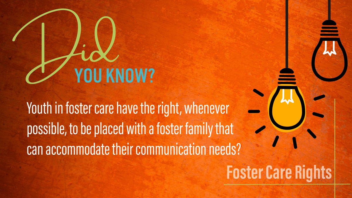 📜 Here is another foster care right!

Did you know that youth in foster care have the right, whenever possible, to be placed with a foster family that can accommodate their communication needs?
