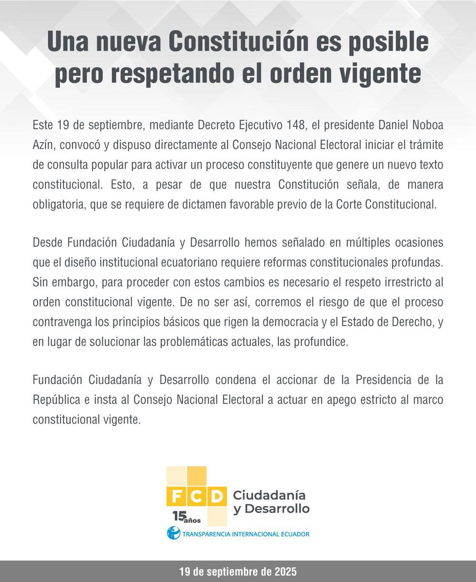 <a href="/DanielNoboaOk/">Daniel Noboa Azin</a> busca convocar a consulta popular para un proceso constituyente, saltando el control previo de la <a href="/CorteConstEcu/">Corte Constitucional</a>. 

Las reformas son necesarias, pero se debe respetar al orden vigente y a la democracia.