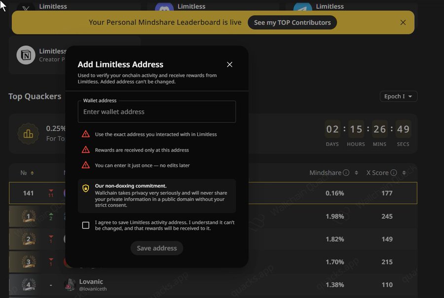 REMINDER: Don't forget to add your wallet! 🚨

I swear I just saw this...

But if you're both clicking and tweeting about 
<a href="/trylimitless/">Limitless</a>

Then you need to link the wallet you are using on Limitless to your profile on Wallchain.#Limitless #Limitless <a href="/li/">Kiback Lee</a>