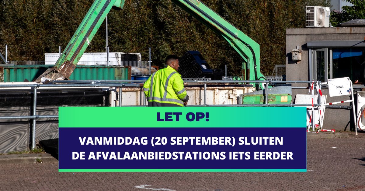 Vandaag (zaterdag 20 september) sluiten de afvalaanbiedstations in Barendrecht en Albrandswaard om 14:30 uur vanwege een interne bijeenkomst voor medewerkers.

Wil je vandaag langskomen? Kom dan vóór 14:30 uur. Op andere dagen ben je welkom tijdens de normale openingstijden.