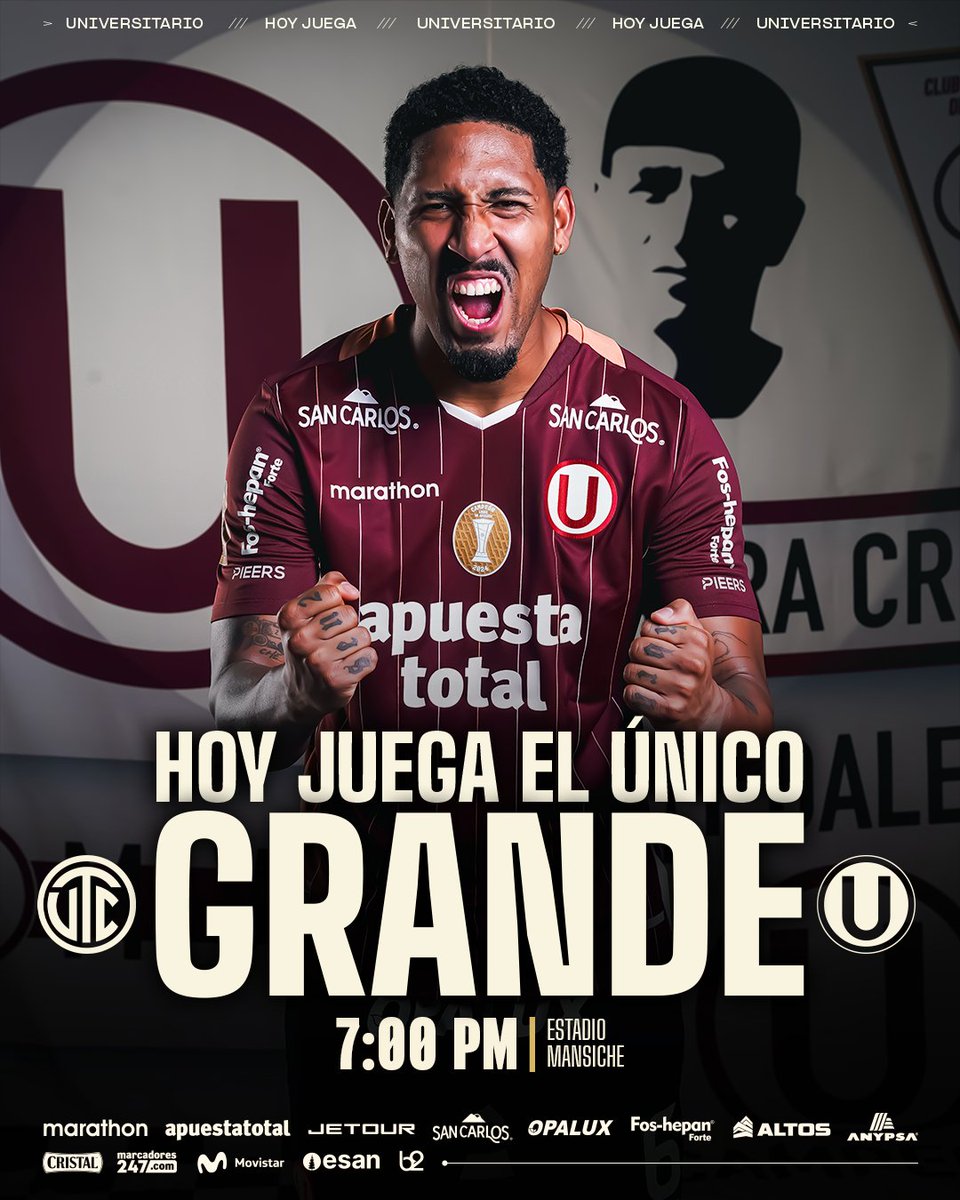 Universitario's tweet image. 𝗖𝗢𝗡 𝗚𝗔𝗥𝗥𝗔 𝗬 𝗣𝗨𝗡𝗗𝗢𝗡𝗢𝗥 💪💛
⚽ 𝘜𝘛𝘊 𝘷𝘴. 𝘜𝘯𝘪𝘷𝘦𝘳𝘴𝘪𝘵𝘢𝘳𝘪𝘰
🏆 𝘊𝘭𝘢𝘶𝘴𝘶𝘳𝘢 2025 - 𝘍𝘦𝘤𝘩𝘢 10
⏱️ 7:00 𝘱.𝘮.
🏟️ 𝘌𝘴𝘵𝘢𝘥𝘪𝘰 𝘔𝘢𝘯𝘴𝘪𝘤𝘩𝘦 - 𝘛𝘳𝘶𝘫𝘪𝘭𝘭𝘰
#LaGarraDelÚnicoGrande