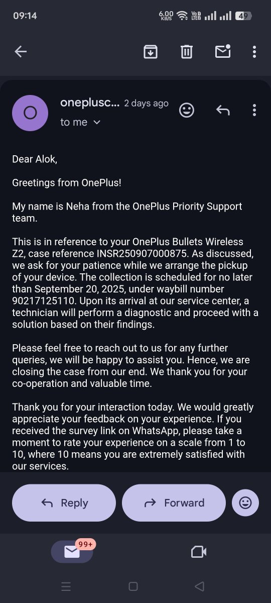 AlokKum56168268's tweet image. Shame on @OnePlus_IN   🚨
Endless false promises, ZERO action! My #OnePlus Bullets Wireless Z2 pickup never happened despite repeated mails (proof attached).

If this is how OnePlus treats its customers, why should anyone trust them? #OnePlus #OnePlusFail