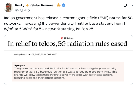 Indian Government (DoT) quietly relaxed the RF Radiation norms for 5G cell towers by 500% at the beginning of the year.

Noone bothered about it.

Noone asked why the limits were raised when every other country is moving in the opposite direction.

Noone questioned what it means