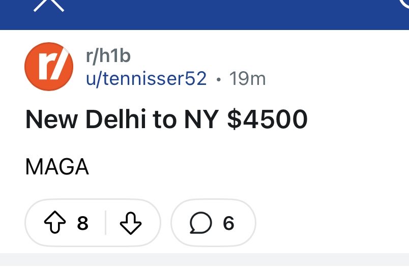 Lucky Teter (@themagahulk) on Twitter photo Flights from New Delhi to NYC are currently $4,500.
They're all rushing back to the states because they're worried about the new h1b visa rules.
They have absolutely no loyalty to this country and simply use us as a piggy bank. Flights from New Delhi to NYC are currently $4,500.
They're all rushing back to the states because they're worried about the new h1b visa rules.
They have absolutely no loyalty to this country and simply use us as a piggy bank.