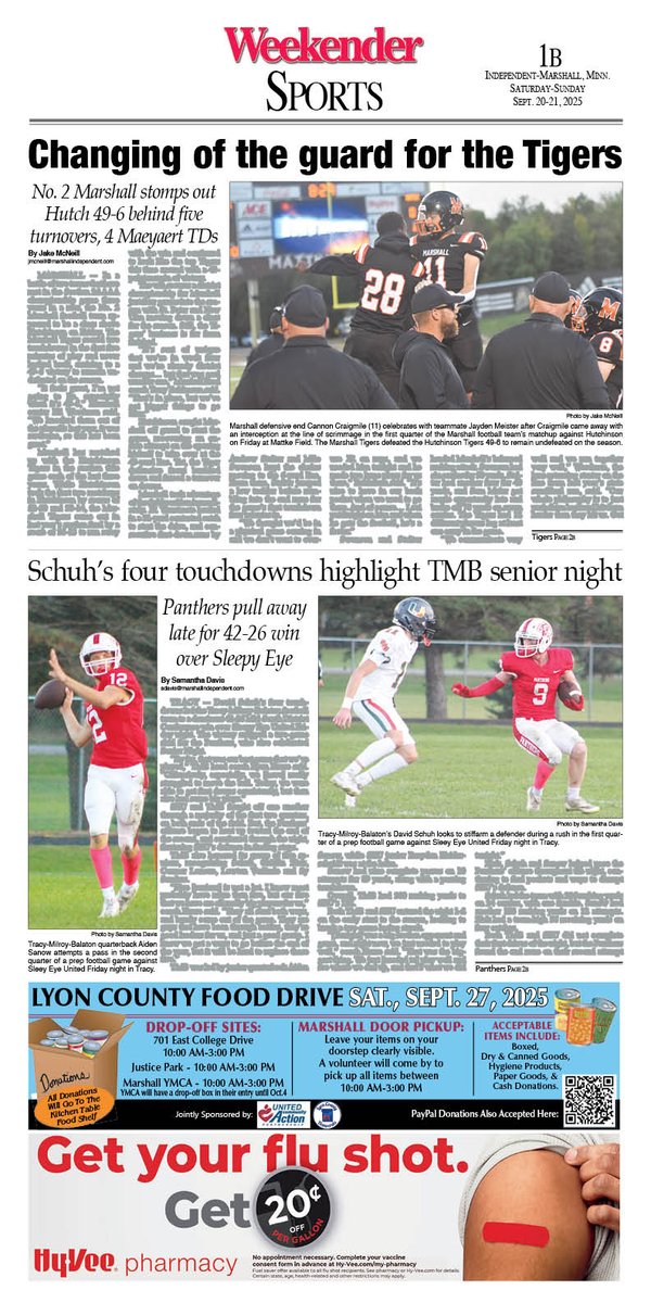 Jake McNeill (@jakemcneill_) on Twitter photo The Marshall and TMB football teams each picked up big wins on Friday, with full coverage of No. 1 Minneota, No. 4 Wabasso and more on the inside of Saturday's Independent sports section The Marshall and TMB football teams each picked up big wins on Friday, with full coverage of No. 1 Minneota, No. 4 Wabasso and more on the inside of Saturday's Independent sports section