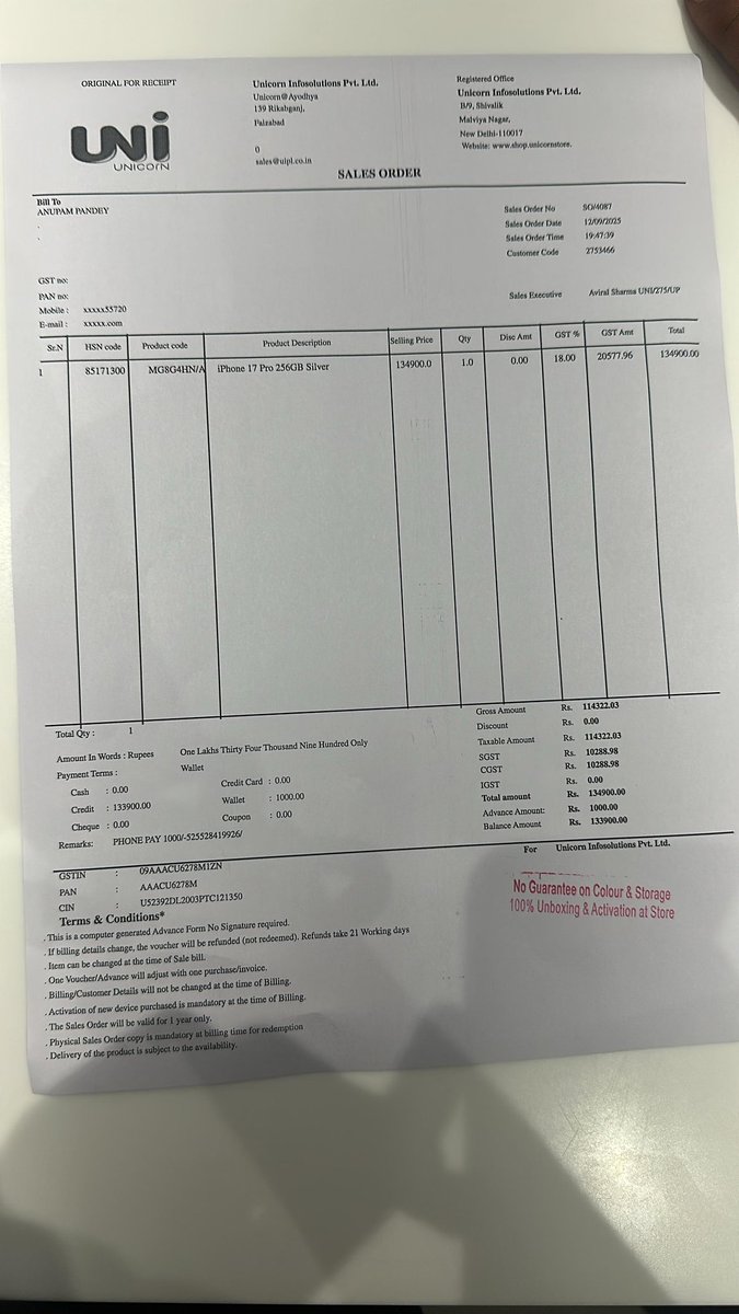 Neeraj_0501's tweet photo. @AppleSupport @iphonetagraphy @Apple @AppleSupport I did pre-book of iphone 17, pro from unicorn ayodhya. They are denying for Gst bill for 1pc and even demanding extra than MRP. HELP ME TO GET MY REFUND OF 8k advance paid for multiple Booking done. Fraud store  Uni store Ayodhya https://t.co/VvLQVRLEti
