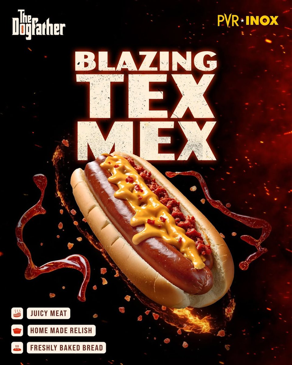 INOXMovies's tweet photo. Blaze up your movie munchies with the Blazing Tex-Mex Hotdog. 🌶️🔥
Juicy meat, homemade relish & freshly baked bread – a blockbuster bite at PVR INOX! 🍿🌭
.
.
.
*T&Cs Apply
#TheDogfather #BlazingTexMex #PVRINOX #MovieSnacks https://t.co/y7T0mNcqbg