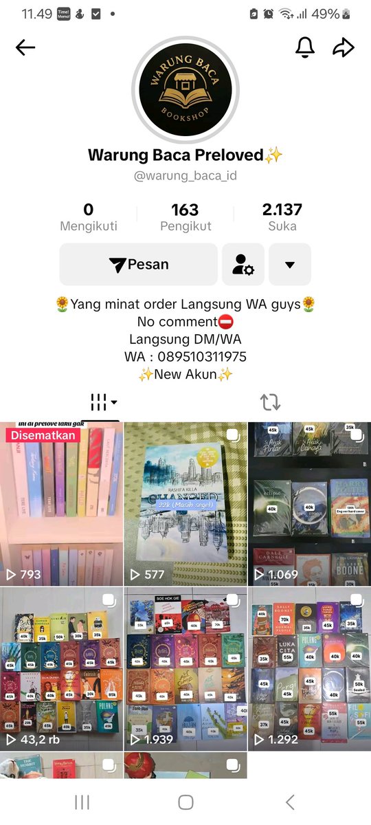 snflouw's tweet photo. PENIPUAN JUAL BUKU 

Halo, yang suka jajan preloved novel di platform manapun hati-hati yaa. Terutama sama akun tiktok ini @warung_baca_id 

Dia ngambil foto jualan preloved aku dan orang lain tanpa izin, terus dipake buat nipu

Tag. Jual beli preloved novel penipu 

#zonauang https://t.co/Fn78lnqLam