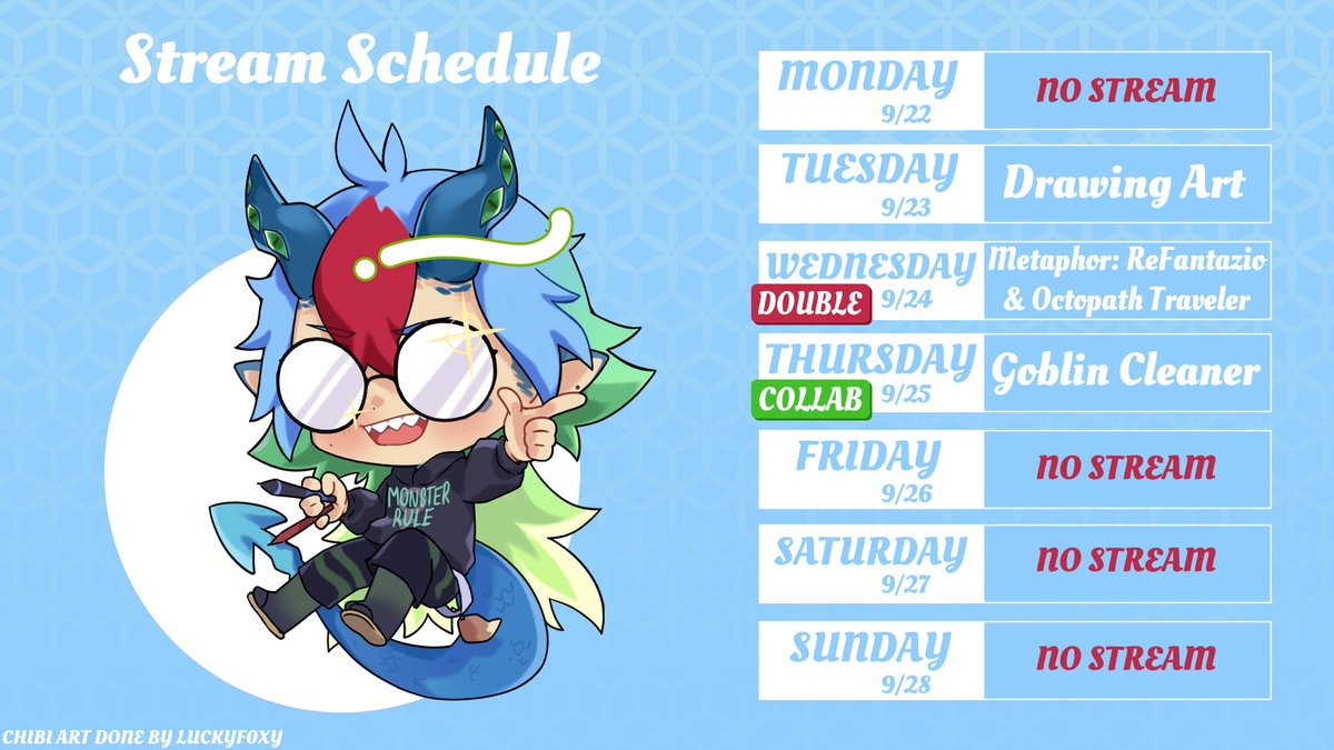Here is this coming week's stream schedule. A new game has been added to the Collab Roulette. I can't wait to play some more #GoblinCleaner after playing the demo, which was a lot of fun with <a href="/Devy107/">Lady D Creations</a> !