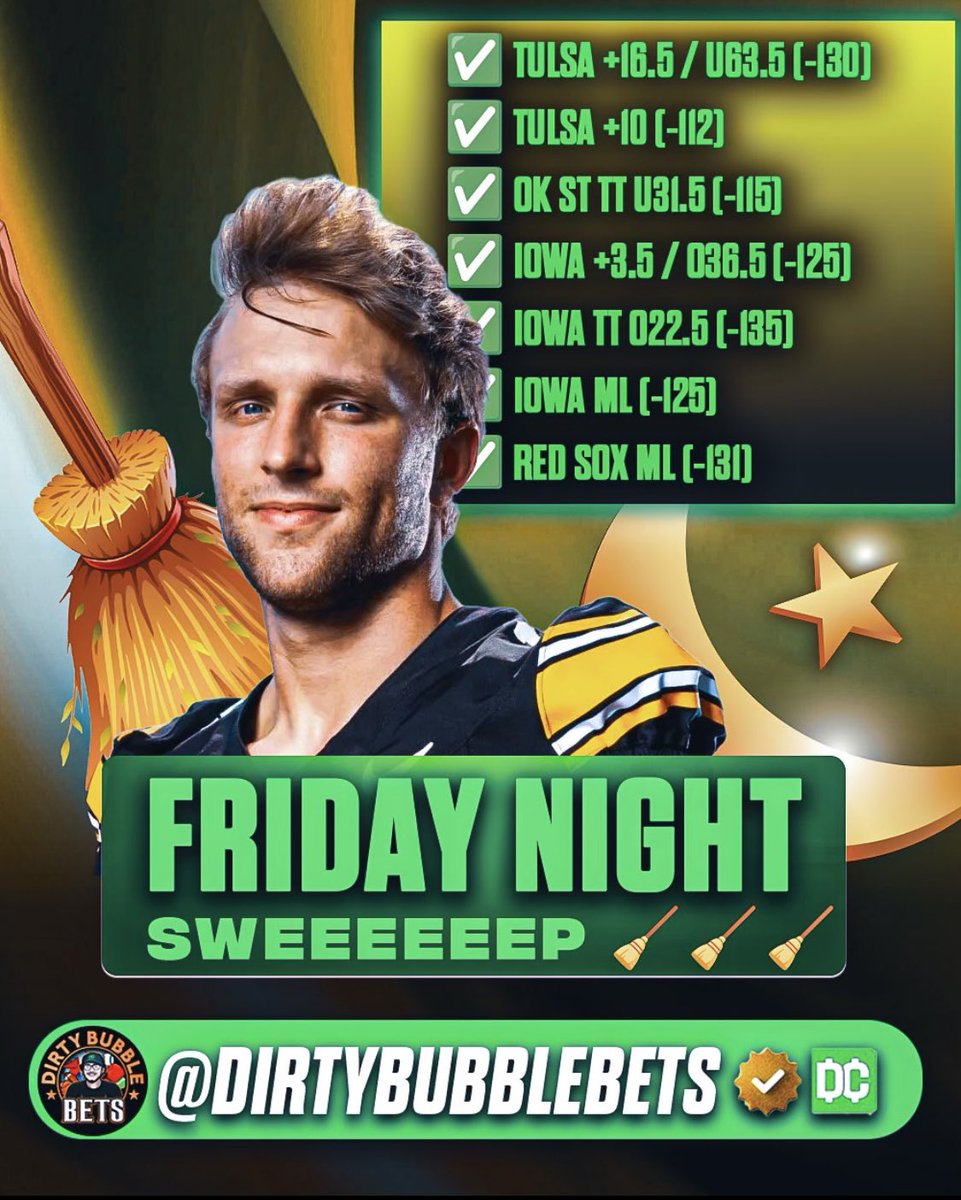 $50 TO 2 PEOPLE THAT LIKE + RT ❤️

FRIDAY NIGHT SWEEEEEP 🧹🧹🧹

✅ Tulsa +16.5 / u63.5 (-130) 💰
✅ Tulsa +10 (-112) 💰
✅ OK St u31.5 (-115) 💰
✅ Iowa +3.5/o36.5 (-125) 💰
✅ Iowa o22.5 (-135) 💰
✅ Iowa ML (-125) 💰
✅ Red Sox ML (-131) 💰

DBB GANG... LET ME HEAR YOU 👇