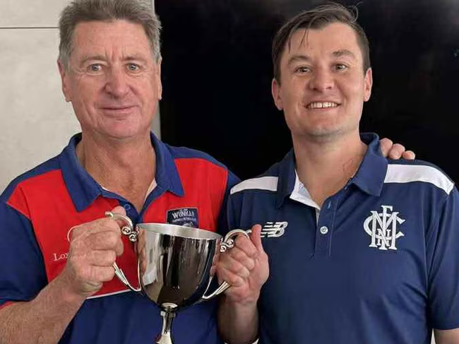 mattturner1986's tweet photo. A dad is coaching against his son in today's Murray Valley league grand final.

Mark Wilksch is trying to guide Wunkar to its first flag since 1976.

Son Keenan is playing coach at Murrayville, going for back-to-back.

QUIRKY STORY👇from @DanielRenfrey.

https://t.co/xUEmcS9D7T https://t.co/Be9WDkHgBs