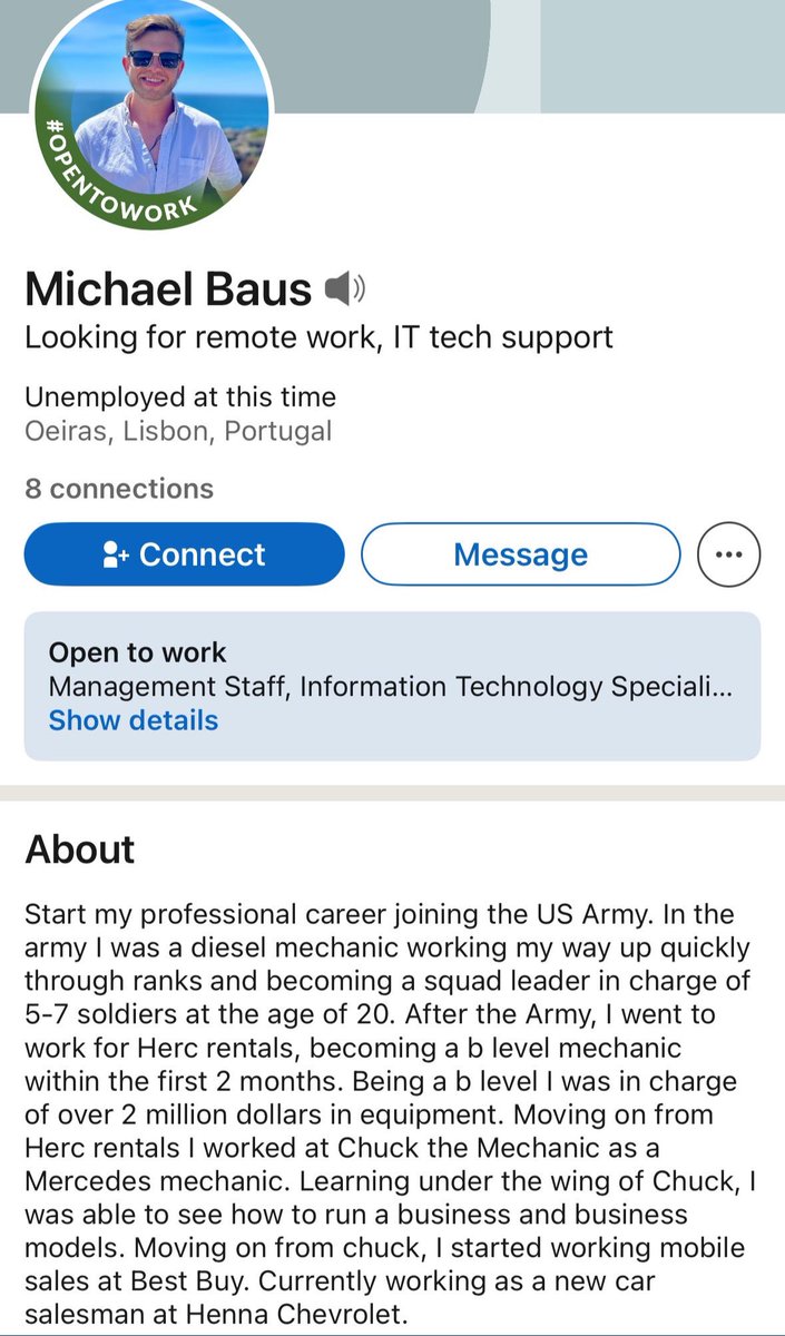 Anarseldain's tweet photo. Meet Michael or Mike Baus, of Lisbon. It seems to me like he’s actively making implicit calls to violence. That’s illegal in Portugal. He’s looking for a job – let’s make sure that any potential employers know how he would represent them and potential legal challenges he’s bring! https://t.co/ImjlHmKFUS