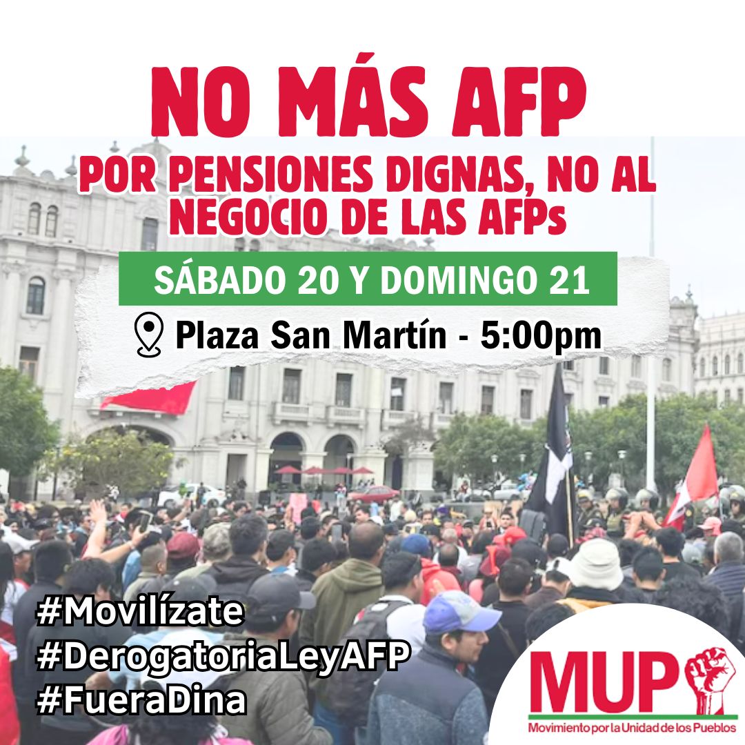 #NoMásAFP || Nos sumamos a la convocatoria de distintas organizaciones sociales, políticas y del pueblo en general, para movilizarnos, exigiendo la derogatoria de la Ley de AFP, ley que solo los beneficia para que sigan lucrando con nuestras pensiones.