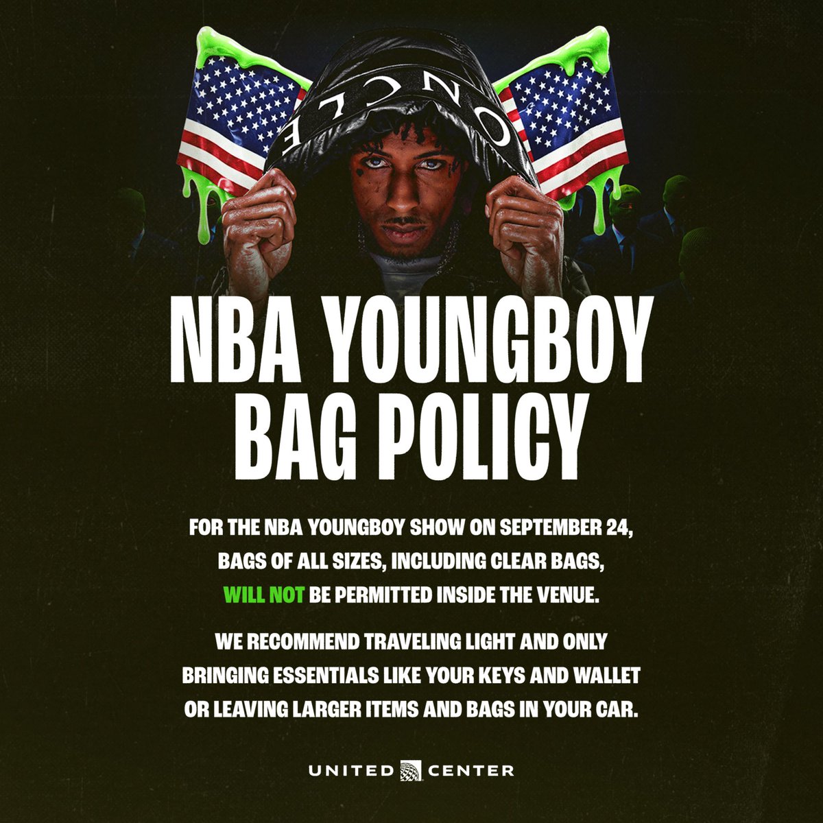 NBA Youngboy and United Center issue “Bag Policy” ahead of show in Chicago on Wednesday, Sept. 24, 2025. 

Bags of all sizes, including clear bags, will not be permitted inside the venue.👀