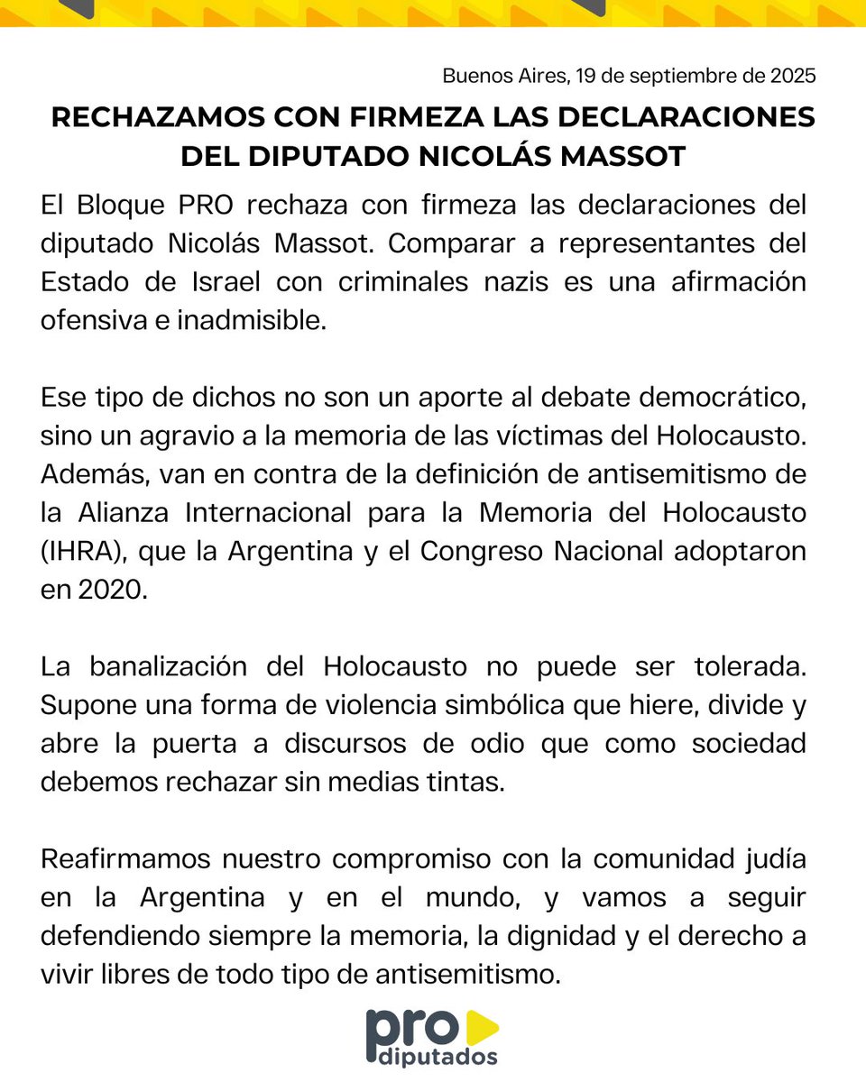 El Bloque PRO rechaza con firmeza las declaraciones del diputado Nicolás Massot.