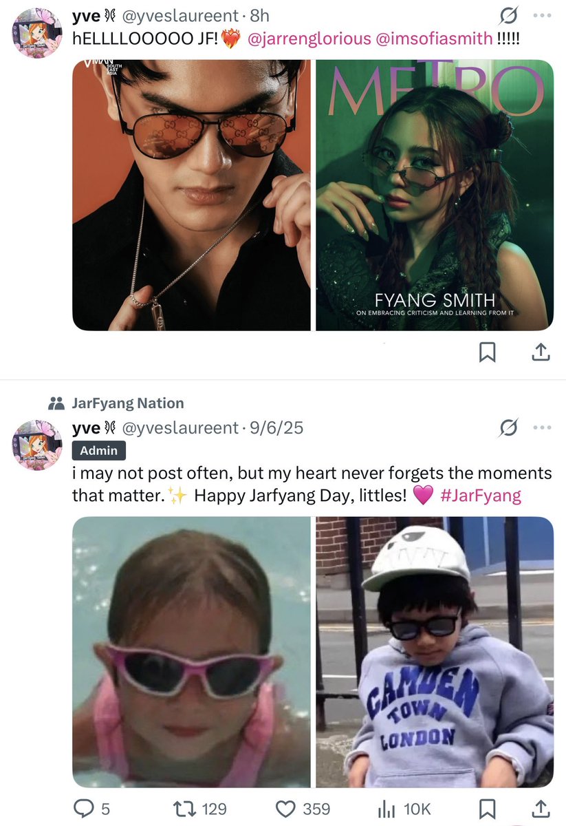 yveslaureent's tweet photo. never thought my ‘littles in shades’ tweet would turn into THIS 😭 they’re out here SERVING looks like fashion icons now 🥹 i unintentionally documented the glow-up &amp; i’m just so proud of our little JarFyang ❤️‍🔥 #JarFyang https://t.co/IBBD9v9kND